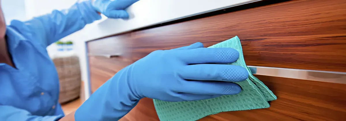 Cleaner wearing blue gloves wiping a wooden cabinet drawer with a microfiber cloth for dust and grime removal, Peoria, IL.