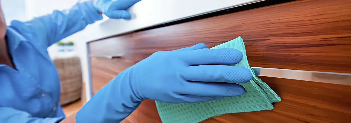 Cleaner wearing blue gloves wiping a wooden cabinet drawer with a microfiber cloth for dust and grime removal, Peoria, IL.