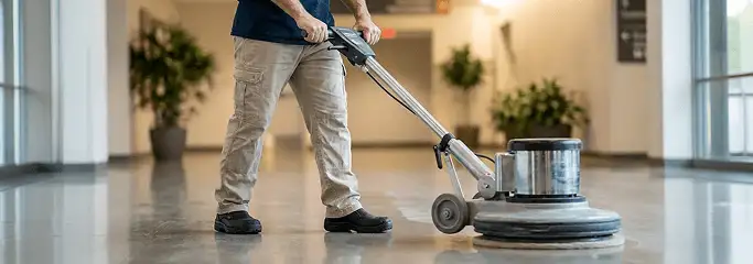 Professional technician using an industrial floor buffer to polish and maintain shiny commercial flooring in a corporate hallway in Peoria, IL.