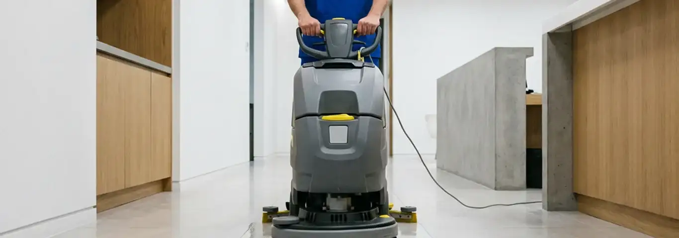 Janitorial staff using a floor scrubber machine to clean a commercial hallway, Peoria, IL.