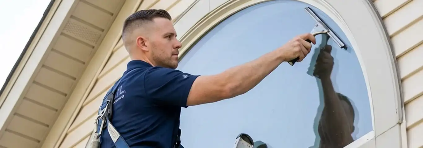 Professional window cleaner using a squeegee to clean an exterior arched window on a home, Peoria, IL.