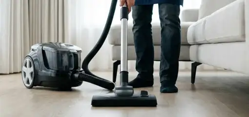 Professional house cleaner vacuuming a living room floor with a canister vacuum cleaner, Peoria, IL.