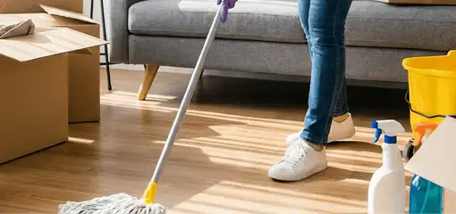 Move-out cleaning setup with a cleaner mopping hardwood floors near moving boxes and cleaning supplies, Peoria, IL.