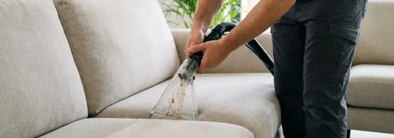 Technician extracting dirt and moisture from a fabric sofa with an upholstery cleaning wand, Peoria, IL.