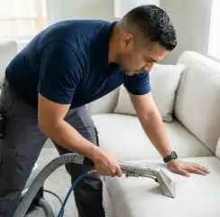 Professional upholstery cleaning technician using an extraction wand to deep-clean a fabric sofa, Peoria, IL.