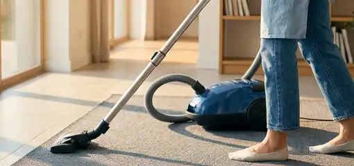 Person vacuuming a living room rug with a canister vacuum cleaner near large windows, Peoria, IL.